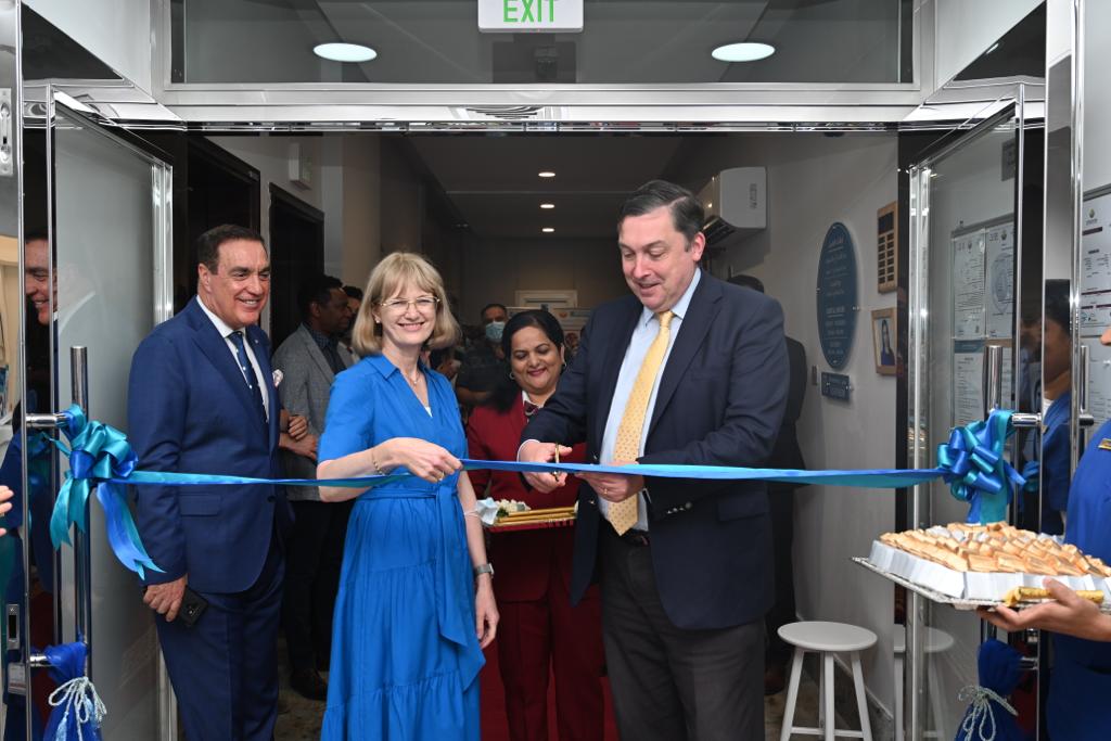 Ambassador of the United Kingdom to Qatar H E Jon Wilks, with Dr. Sarah Aalders, cuts the ribbon to inaugurate the British International Dental Centre, yesterday. PIC: Amr Diab