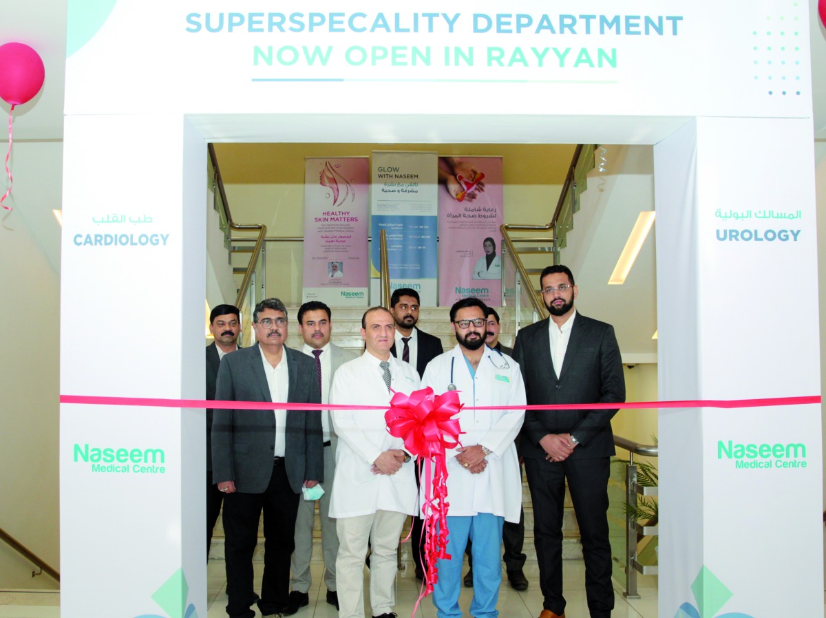 Dr. Mohamed Samer Jamil, Urologist; and Dr. Bigesh Unnikrishnan Nair, Cardiologist, with senior officials of Naseem Medical Centre, Dr. Munir Ali Ibrahim, General Manager, Marketing and Strategy; Babu Shanavas, General Manager, Branch Operations; and other officials and doctors during the opening of the  super speciality departments at the Rayyan branch of Naseem Medical Centre. PIC: Salim Matramkot/The Peninsula