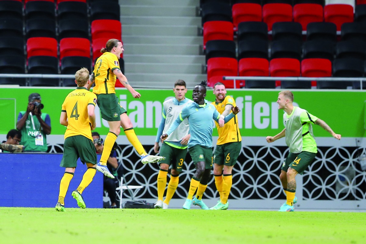 Australia’s Jackson Irvine celebrates scoring their first goal at Ahmad Bin Ali Stadium, yesterday. Pic: Mohammed Farag