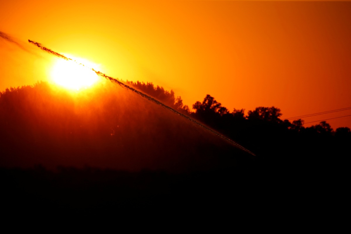 FILE PHOTO: A field of potatoes is being irrigated during sunset as a heatwave hits France, in Marquion, June 25, 2020. REUTERS/Pascal Rossignol/File Photo
