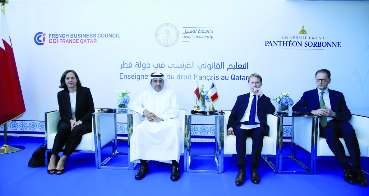 Chairman of the Board of Trustees of Lusail University H E Dr. Ali bin Fetais Al Marri and Ambassador of France to Qatar H E Jean-Batiste Faivre with other officials during an academic forum at Lusail University, yesterday. Pic: Rajan Vadakkemuriyil 