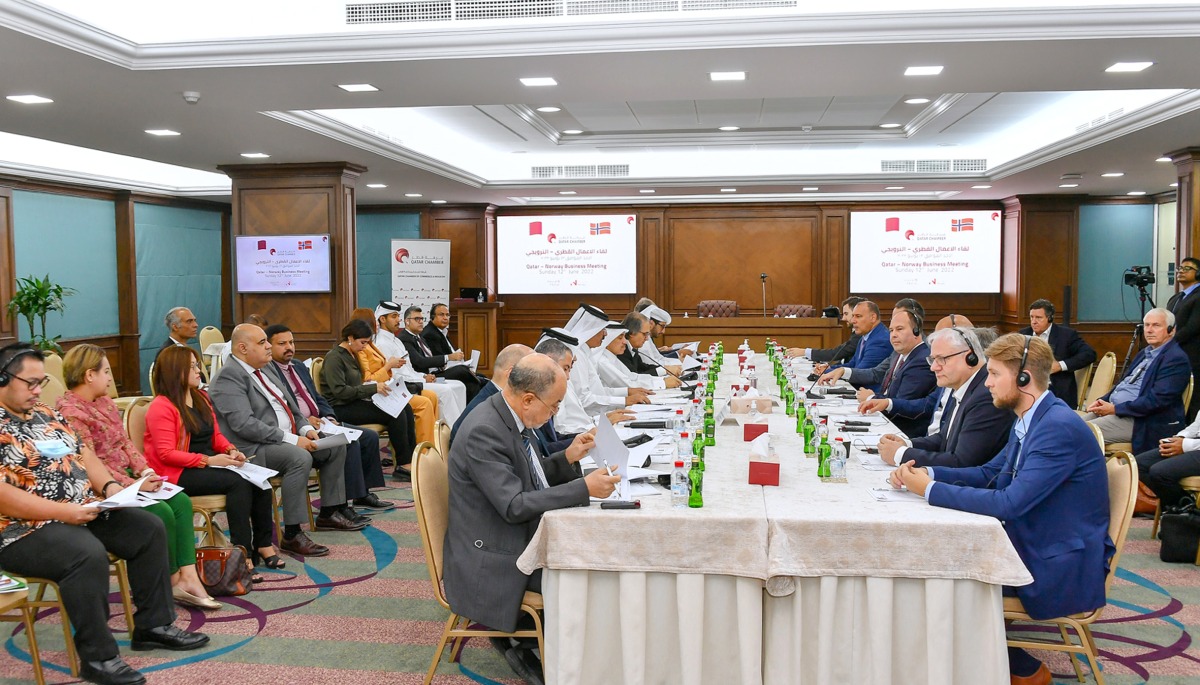 Qatar Chamber First-Vice Chairman Mohamed bin Towar Al Kuwari and Epsen Teksum, Director - Innovation Norway in the Middle East with other officials during Qatar-Norway Business Meeting, at the Chamber’s headquarters, yesterday.