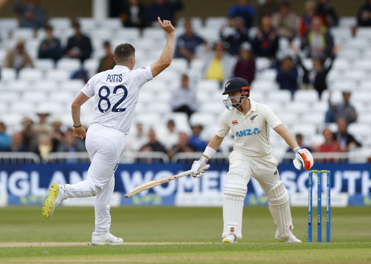 England's Matthew Potts celebrates after taking the wicket of New Zealand's Henry Nicholls Action Images via Reuters/Andrew Boyers
