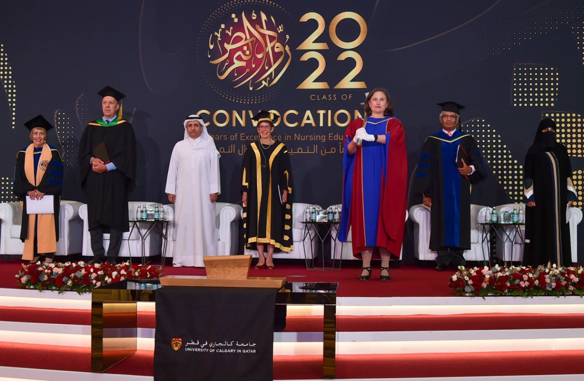 Dr. Sheikh Khalid bin Jabr Al Thani, Chairman of the Board of Trustees, University of Calgary in Qatar; Deborah Yedlin, Chancellor of the University of Calgary, and Dr. Deborah White, Dean and Professor, University of Calgary, with other officials during the graduation ceremony held at The St. Regis Doha hotel yesterday.