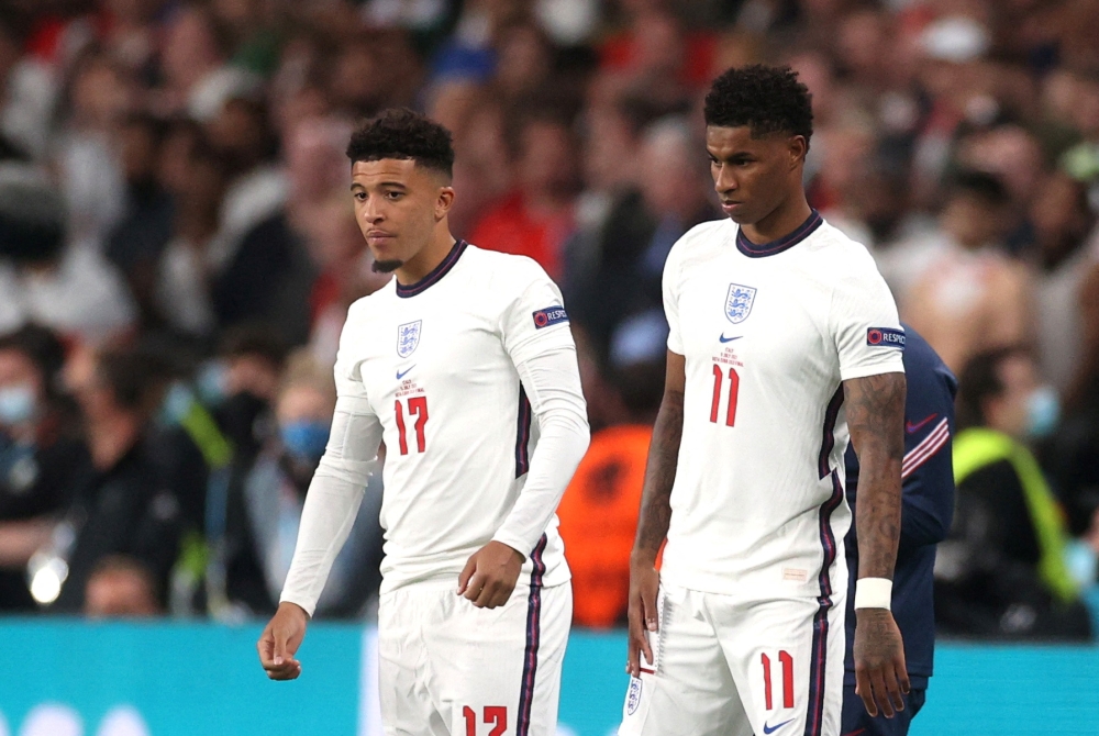 England's Marcus Rashford and Jadon Sancho prepare to come on as substitutes Pool via Reuters/Carl Recine/File Photo