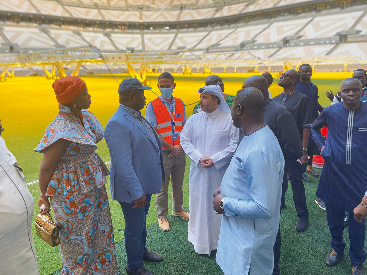 President of  Sierra Leone H E Dr. Julius Maada Bio and accompanying delegation with Minister of Municipality H E Dr. Abdullah bin Abdulaziz bin Turki Al Subaie during a visit to Lusail Stadium.