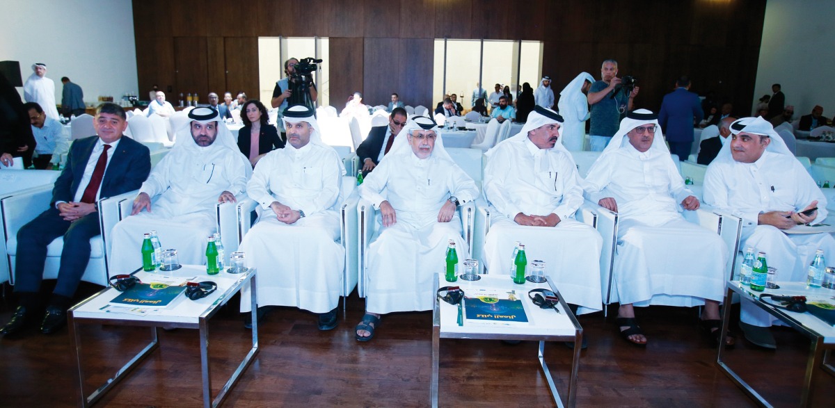 Ambassador of Turkiye to Qatar H E Dr. Mustafa Goksu (first left), Qatar Chamber First Vice-Chairman Mohamed bin Twar Al Kuwari (third right); Vice-Chairman of Qatar Lawyers Association Sheikh Dr. Thani bin Ali Al Thani (third left); Deputy CEO of Dar Al Sharq Jaber Salem Al Harami (centre) and Editor-in-Chief of Al Sharq Sadiq Mohammad Al Amari (second right) with other officials at the conference. 
PICS: Rajan Vadakkemuriyil
