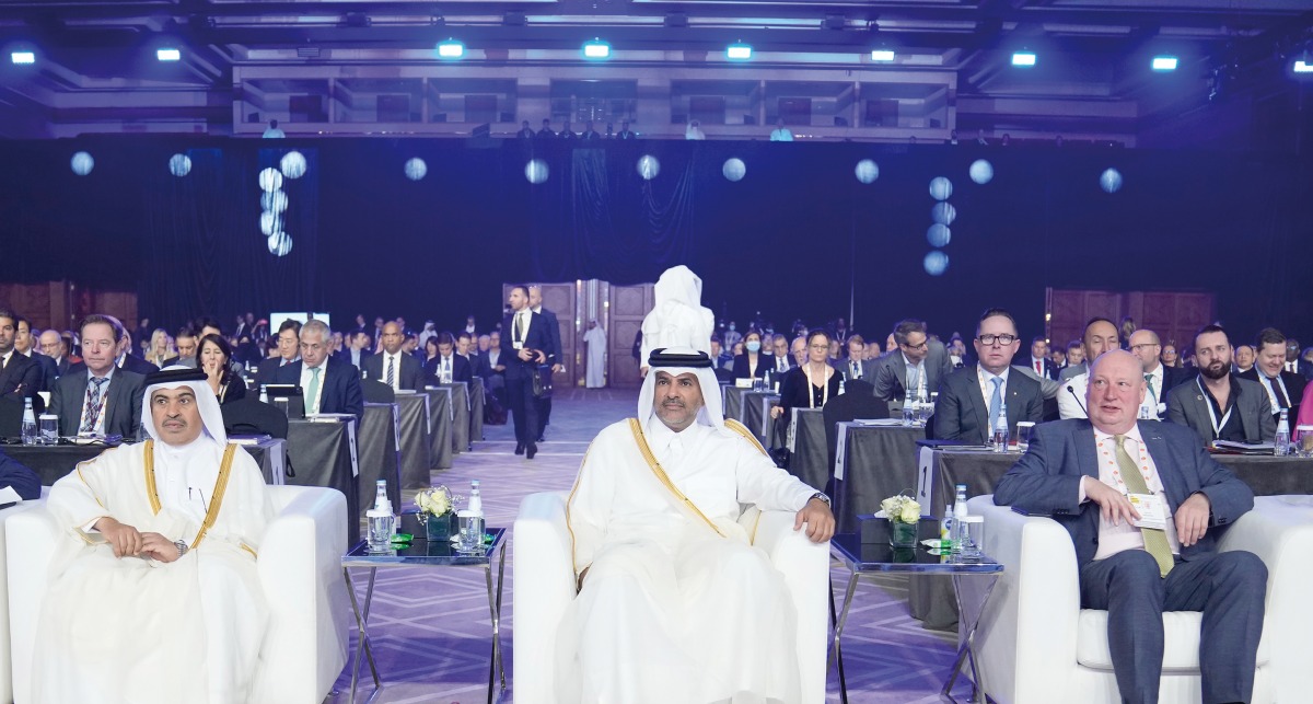 Prime Minister and Minister of Interior H E Sheikh Khalid bin Khalifa bin Abdulaziz Al Thani with other officials at the IATA 78th AGM and World Air Transport Summit in Doha.