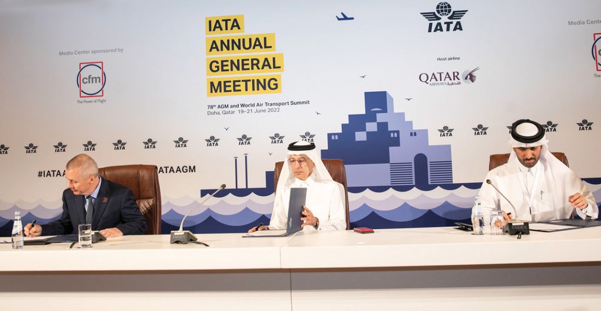 From left: IATA Director General, Willie Walsh; Qatar Airways Group Chief Executive H E Akbar Al Baker and Qatar Post Chief Financial Officer Mohammed Jabr Al Naemi during signing of the agreement