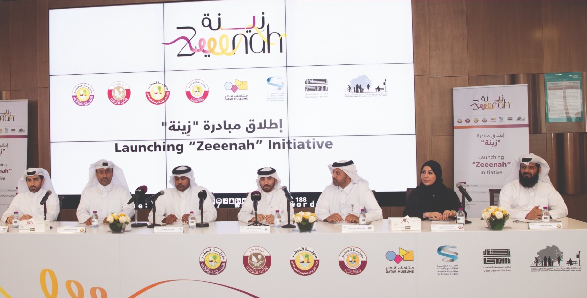 Chairman of Supervisory Committee of Beautification of Roads and Public Places in Qatar, Eng Mohammed Arqoub Al Khaldi (centre) and officials from Supreme Committee for Delivery and Legacy (SC), Ministry of Municipality, Ministry of Education and Higher Education, Ministry of Culture, Qatar Museums, Central Municipal Council, and Ashghal addressing the press conference at the launch of ‘Zeeenah’ initiative.