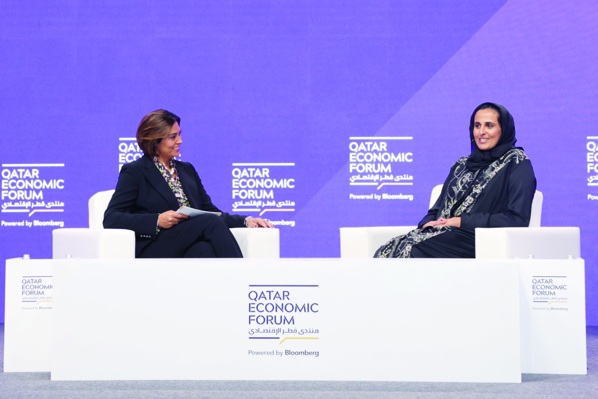 Qatar Museums Chairperson H E Sheikha Al Mayassa bint Hamad bin Khalifa Al Thani (right) during a session at Qatar Economic Forum 2022.  PIC: Amr Diab