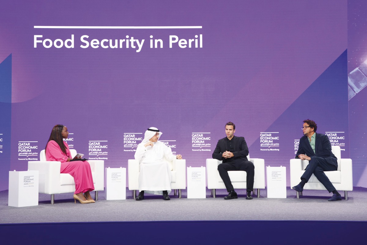 President of the Islamic Development Bank and Group Chairman Dr. Muhammad Sulaiman Al Jasser and Founder and CEO of Infarm Erez Galonska with other panellists during a session at Qatar Economic Forum 2022, Powered by Bloomberg, yesterday.  Pic: Amr Diab