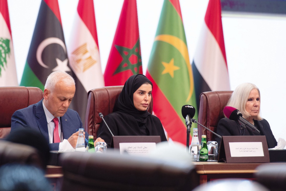 Minister of Social Development and Family H E Mariam bint Ali bin Nasser Al Misnad (centre) Minister of Social Development of Jordan H E Ayman Al Mufleh (left) and Arab League’s Assistant Secretary-General and Head of Social Affairs H E Dr. Ambassador Haifa Abu Ghazaleh during Second Workshop on Arab Classification for Disability at Sheraton Hotel yesterday.