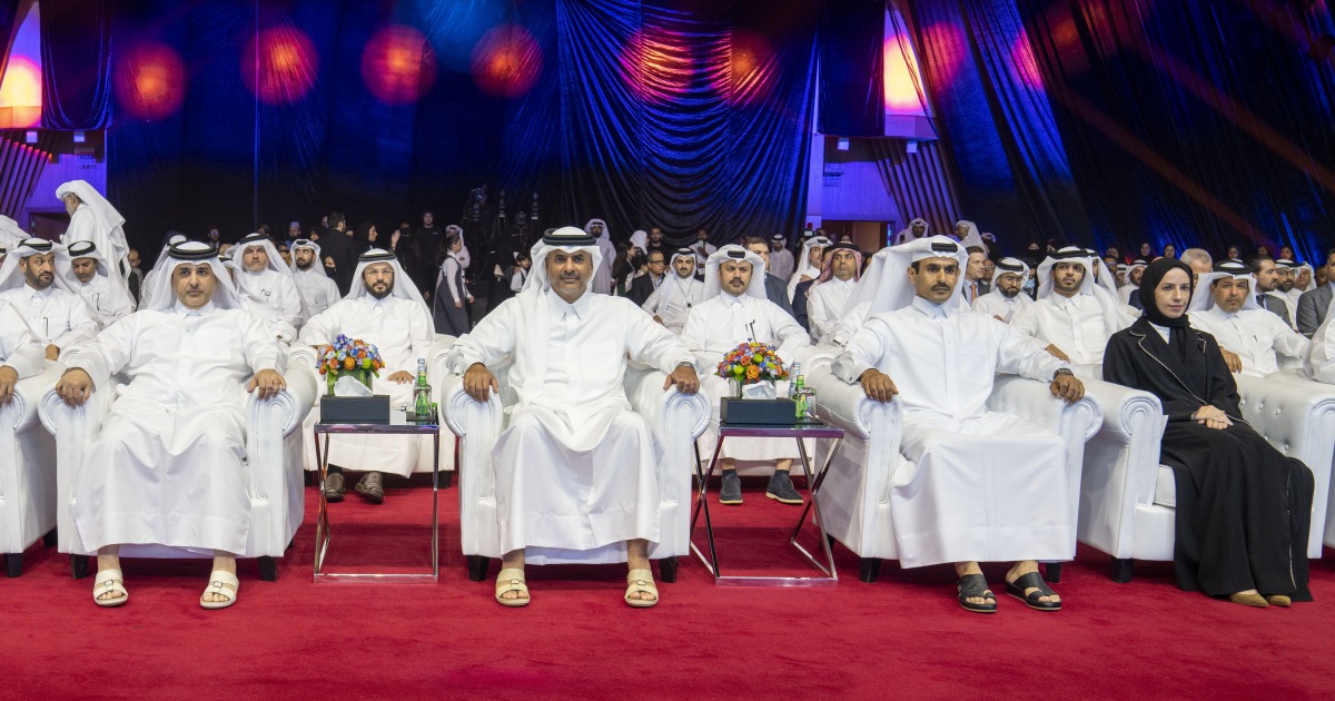 Prime Minister and Minister of Interior H E Sheikh Khalid bin Khalifa bin Abdulaziz Al Thani, Minister of Municipality H E Dr. Abdullah bin Abdulaziz bin Turki Al Subaie, Minister of Education and Higher Education H E Buthaina bint Ali Al Jabr Al Nuaimi, and Minister of State for Energy Affairs H E Eng. Saad Sherida Al Kaabi, at the event marking 10th anniversary of Tarsheed, yesterday. 