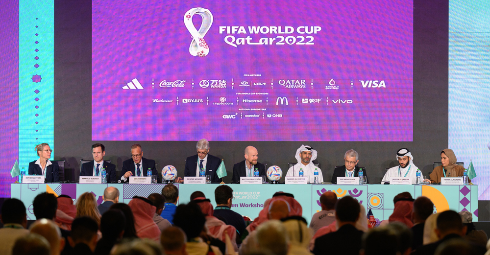 Qatar 2022 CEO Nasser Al Khater and FIFA Deputy Secretary-General Mattas Grafstrom with other officials during the Team Workshop.