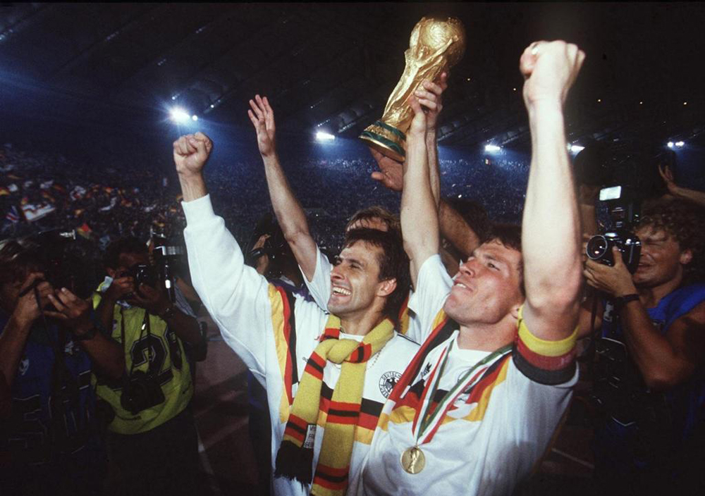 Germany's Lothar Matthaus celebrates with team-mates after winning the 1990 FIFA World Cup final against Argentina, in this file photo.