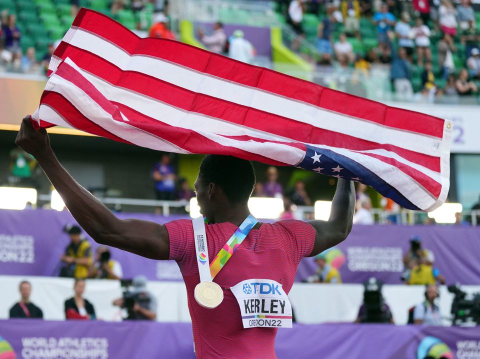 Athletics - World Athletics Championships - Men's 100 Metres - Final - Hayward Field, Eugene, Oregon, U.S. - July 16, 2022 Gold medallist Fred Kerley of the U.S. celebrates after winning the men's 100 metres final REUTERS/Aleksandra Szmigiel