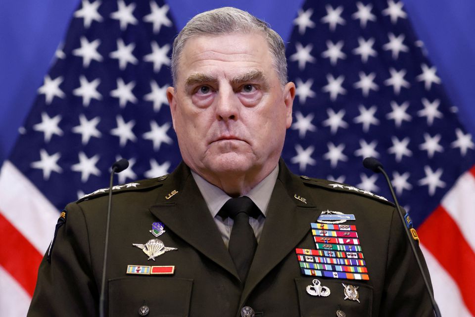 U.S. General Mark Milley, chairman of the Joint Chiefs of Staff, holds a news conference with U.S. Defense Secretary Lloyd Austin, after a meeting of the Ukraine Defence Contact group at the NATO headquarters in Brussels, Belgium June 15, 2022. REUTERS/Yves Herman
