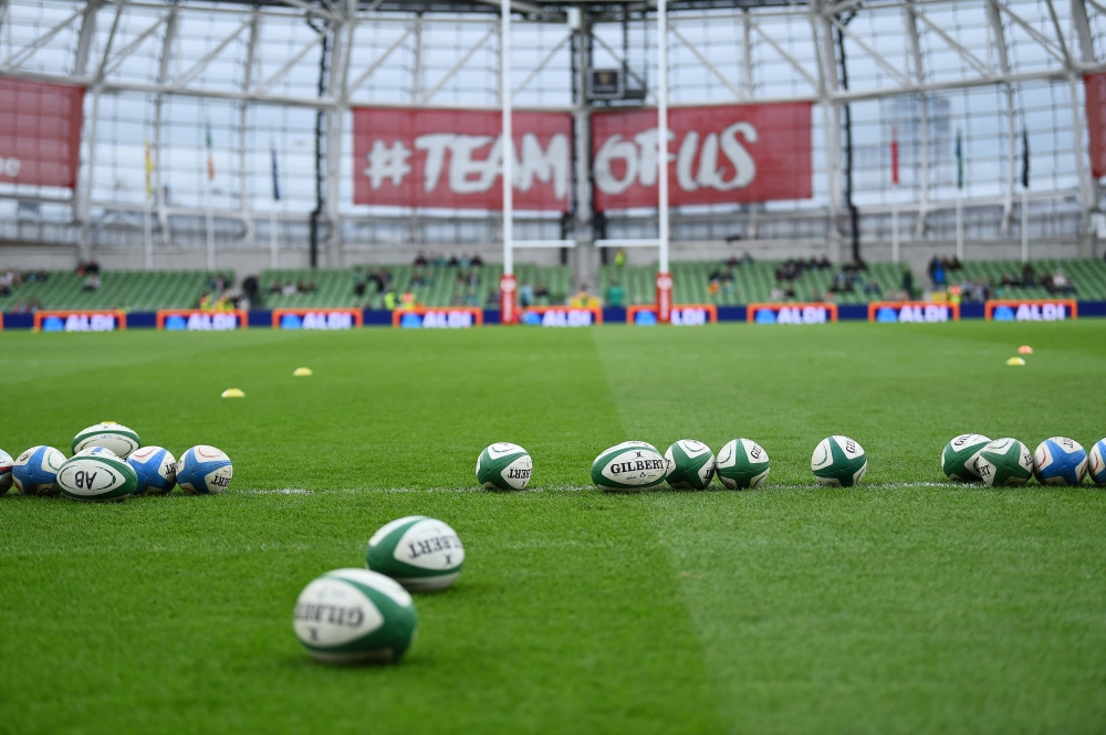 General view of Rugby balls before the match at the Aviva Stadium, Dublin, Ireland, November 13, 2021. (REUTERS/Clodagh Kilcoyne)