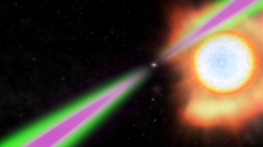 A spinning neutron star periodically swings its radio (green) and gamma-ray (magenta) beams past Earth in this artist's concept of a black widow pulsar. The pulsar heats the facing side of its stellar partner to temperatures twice as hot as the sun's surface and slowly evaporates it. (NASA/Goddard Space Flight Center/Handout via Reuters) 