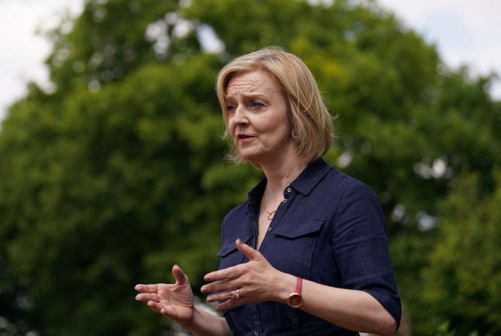 British Foreign Secretary Liz Truss speaks at an event at Breckland Council, as part of her campaign to be leader of the Conservative Party and the next Prime Minister, in Dereham, Norfolk, Britain, July 29, 2022. Joe Giddens/Pool via REUTERS