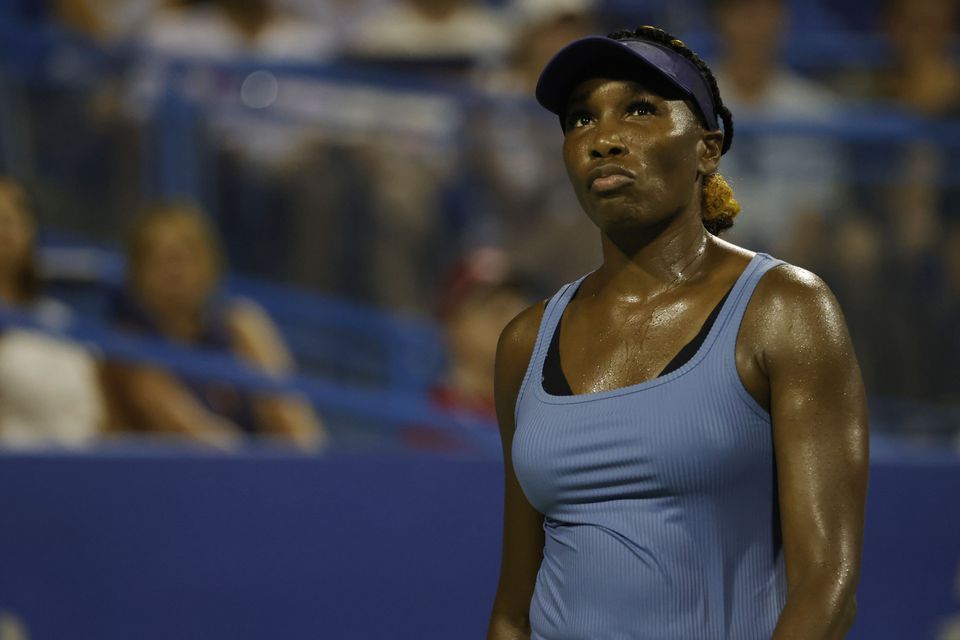 Aug 1, 2022; Washington, DC, USA; Venus Williams (USA) reacts after losing a point against Rebecca Marino (CAN) (not pictured) on day one of the Citi Open at Rock Creek Park Tennis Center. Mandatory Credit: Geoff Burke-USA TODAY Sports