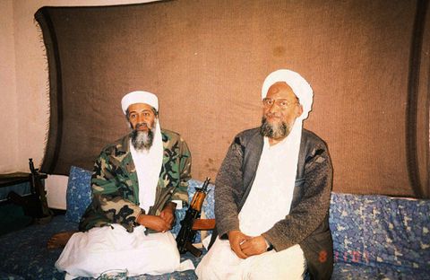 Osama bin Laden sits with his adviser Ayman al-Zawahiri, an Egyptian linked to the al Qaeda network, during an interview with Pakistani journalist Hamid Mir (not pictured) in an image supplied by Dawn newspaper November 10, 2001. Hamid Mir/Editor/Ausaf Newspaper for Daily Dawn/Handout via REUTERS/