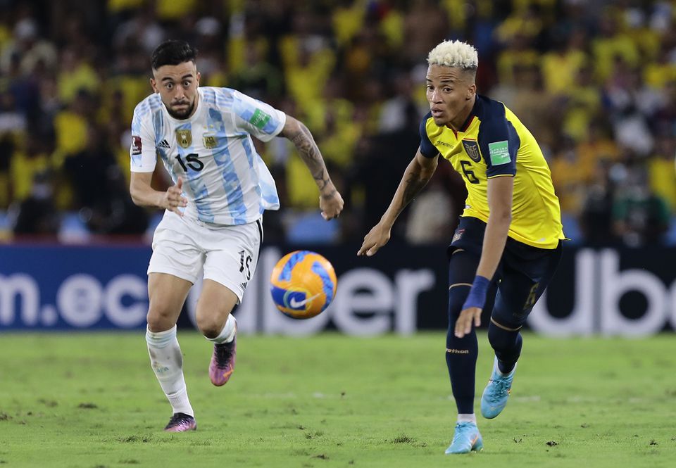 Ecuador's Byron Castillo in action with Argentina's Nicolas Gonzalez during the World Cup South American Qualifiers on March 29, 2022. (REUTERS/Franklin Jacome)