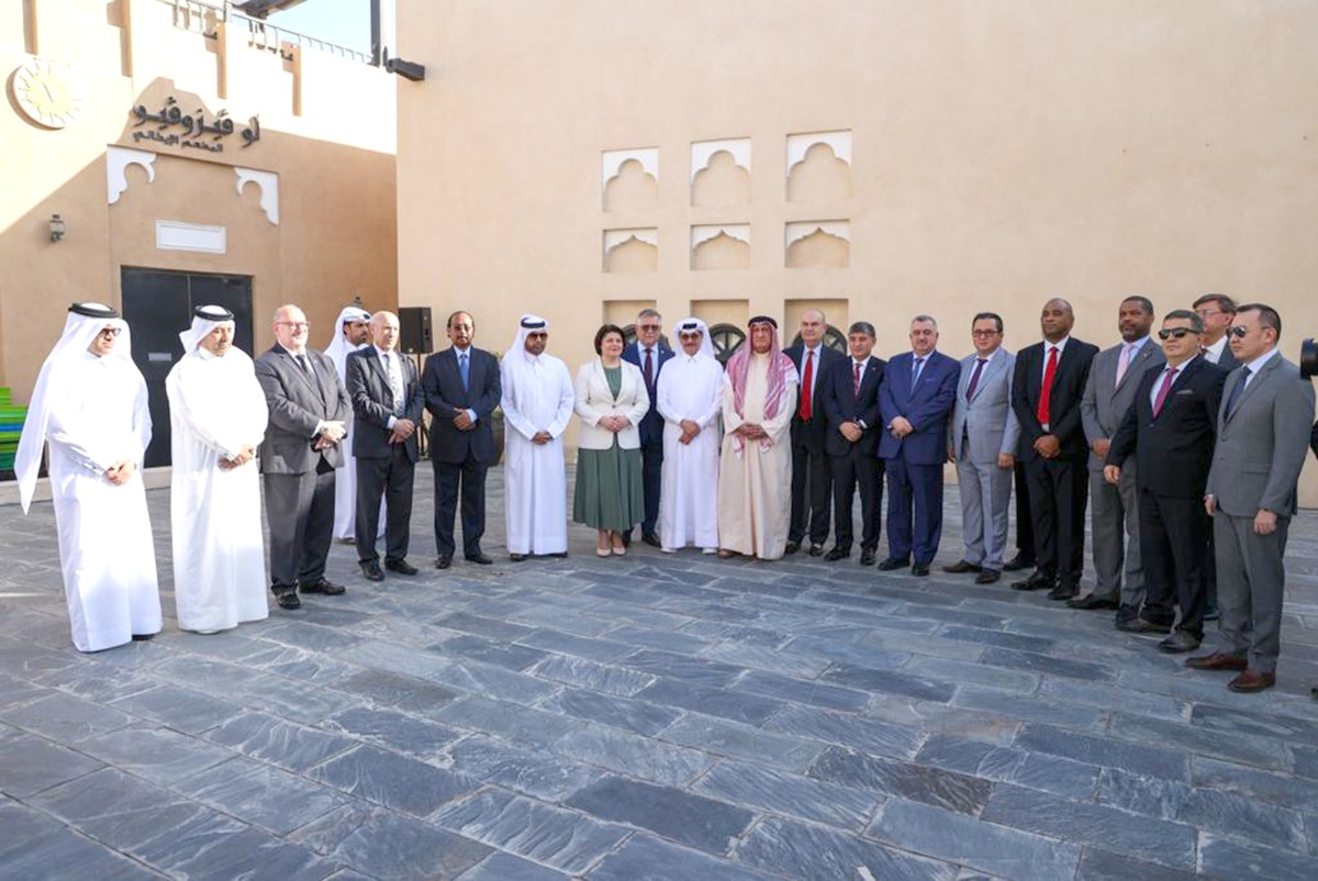 H E Dr. Hamad bin Abdulaziz Al Kuwari, Minister of State and Head of Qatar National Library, H E Natalia Gavrilita, Prime Minister of the Republic of Moldova, and Prof Dr. Khalid bin Ibrahim Al Sulaiti, General Manager of the Cultural Village Foundation, Katara and other dignitaries during the inauguration of the monument dedicated to the 25th anniversary of the establishment of diplomatic relations between the Republic of Moldova and the State of Qatar at Katara, recently.