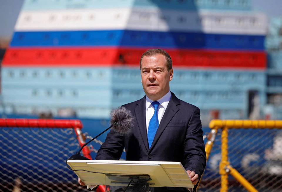 Dmitry Medvedev, Deputy Chairman of Russia's Security Council, delivers a speech during a ceremony marking Shipbuilder's Day in Saint Petersburg, Russia, on June 29, 2022. Sputnik/Valentin Yegorshin/Pool via REUTERS