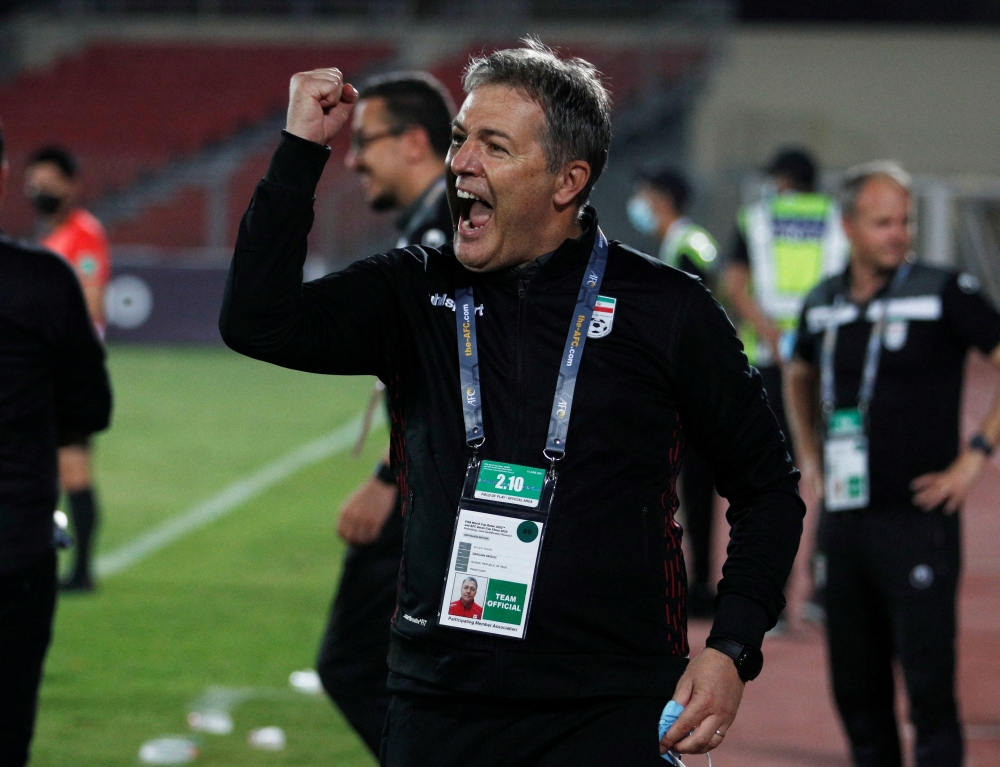 Iran coach Dragan Skocic celebrates after winning their second round match of the Asian qualifiers for the 2022 FIFA World against Iraq at the Al Khalifa Stadium in Muharraq, Bahrain, on June 15, 2021. File Photo / Reuters