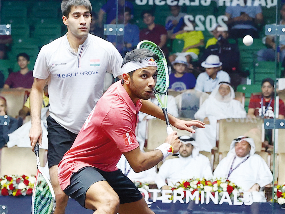 Qatar’s Abdulla Mohamed Al Tamimi in action against India’s Ramit Tandon, yesterday.