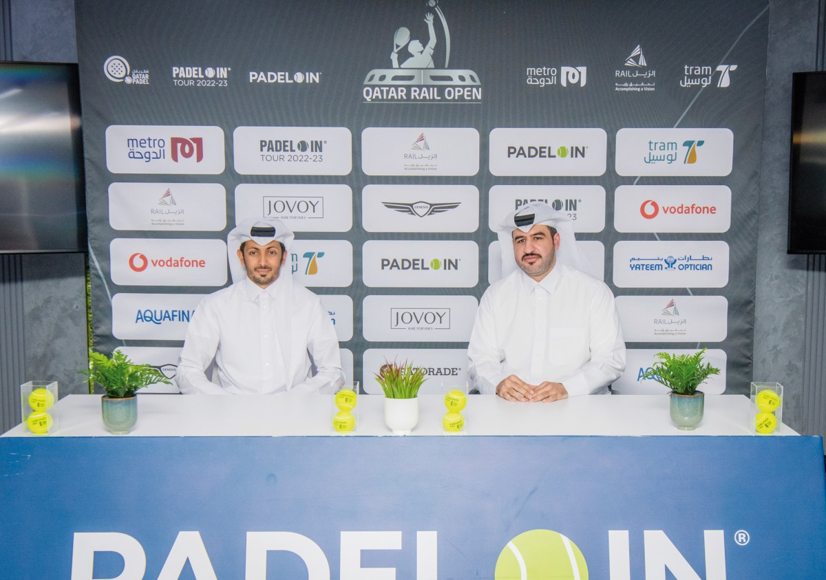 Padel IN Co-founder Khalid Saadon Al Kuwari and Communication & Public Relations Director at Qatar Rail, Abdulla Ali Al Mawlawi during a press conference.