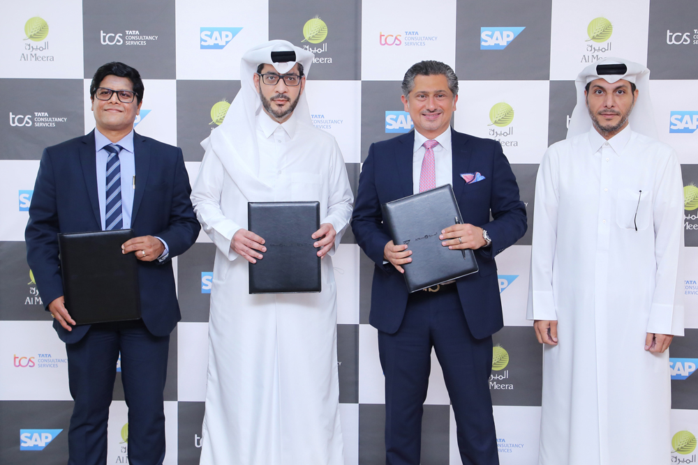 Al Meera CEO Yousef Ali Al Obaidan and Al Meera IT Director Abdulaziz Almana joined by Managing Director for SAP Qatar and Fast Growth Markets Alaa Jaber and Country Head of TCS Qatar Devashis Goswamy at the agreement signing ceremony in Al Meera Head Office, Doha.