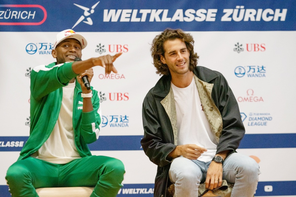 Mutaz Barshim and Gianmarco Tamberi during a press conference. 