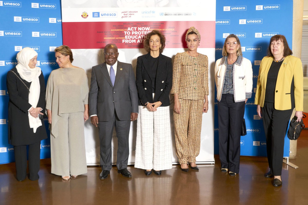 H H Sheikha Moza bint Nasser, Chairperson of Education Above All Foundation; Audrey Azoulay, Director-General of Unesco; and other dignitaries at the Unesco headquarters, in Paris, yesterday. 