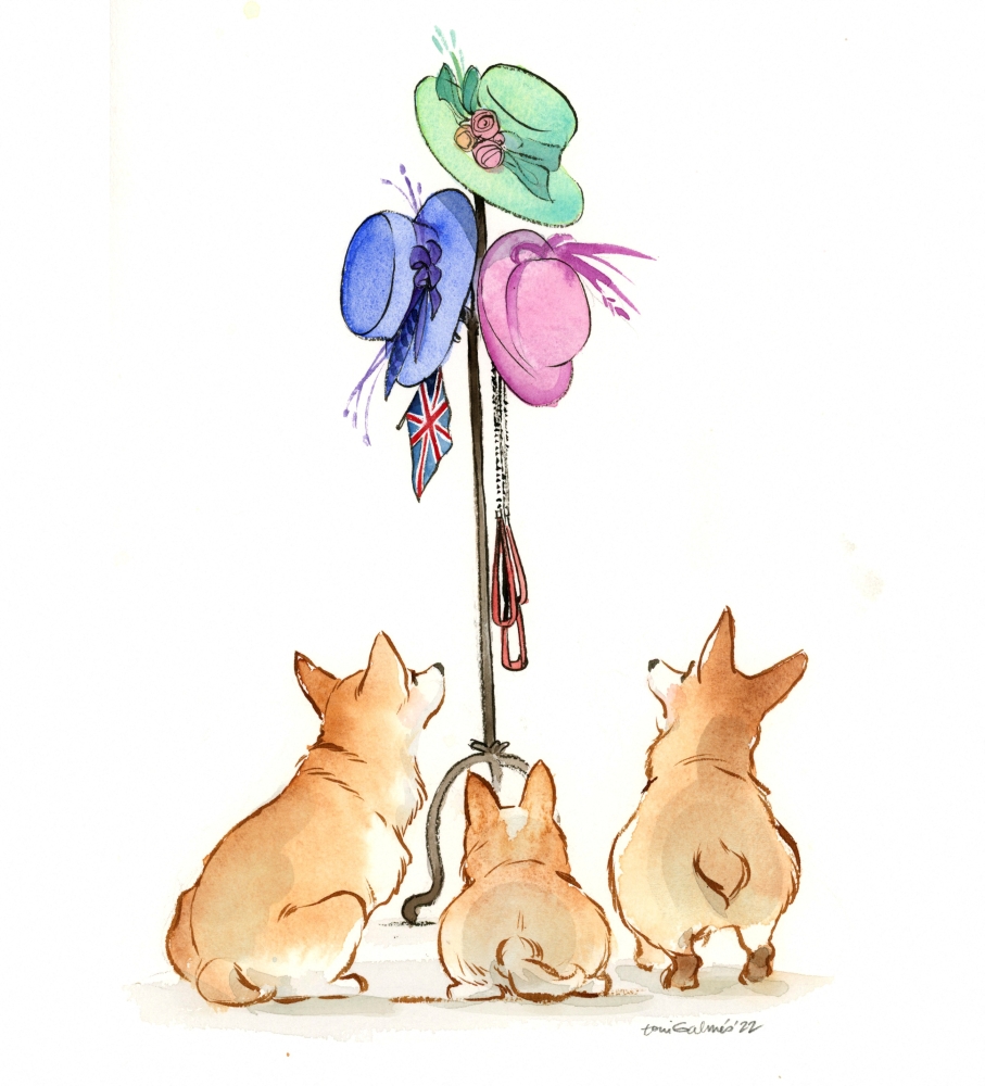 A watercolour illustration of three corgis looking at hats hanging on a stand, in tribute to Queen Elizabeth, Britain's longest-reigning sovereign who died on Thursday after 70 years on the throne, is seen in this picture obtained from social media on September 10, 2022. Toni Galmes via REUTERS 