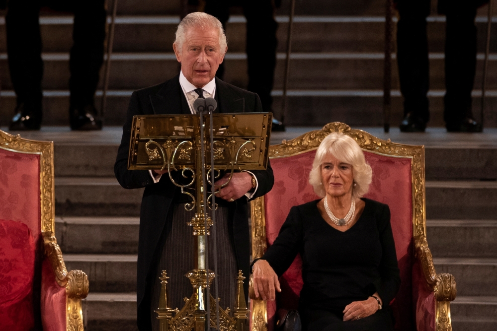 Britain's King Charles and Queen Camilla attend the presentation of addresses by both Houses of Parliament in Westminster Hall, in central London, Britain September 12, 2022. Dan Kitwood/Pool via Reuters