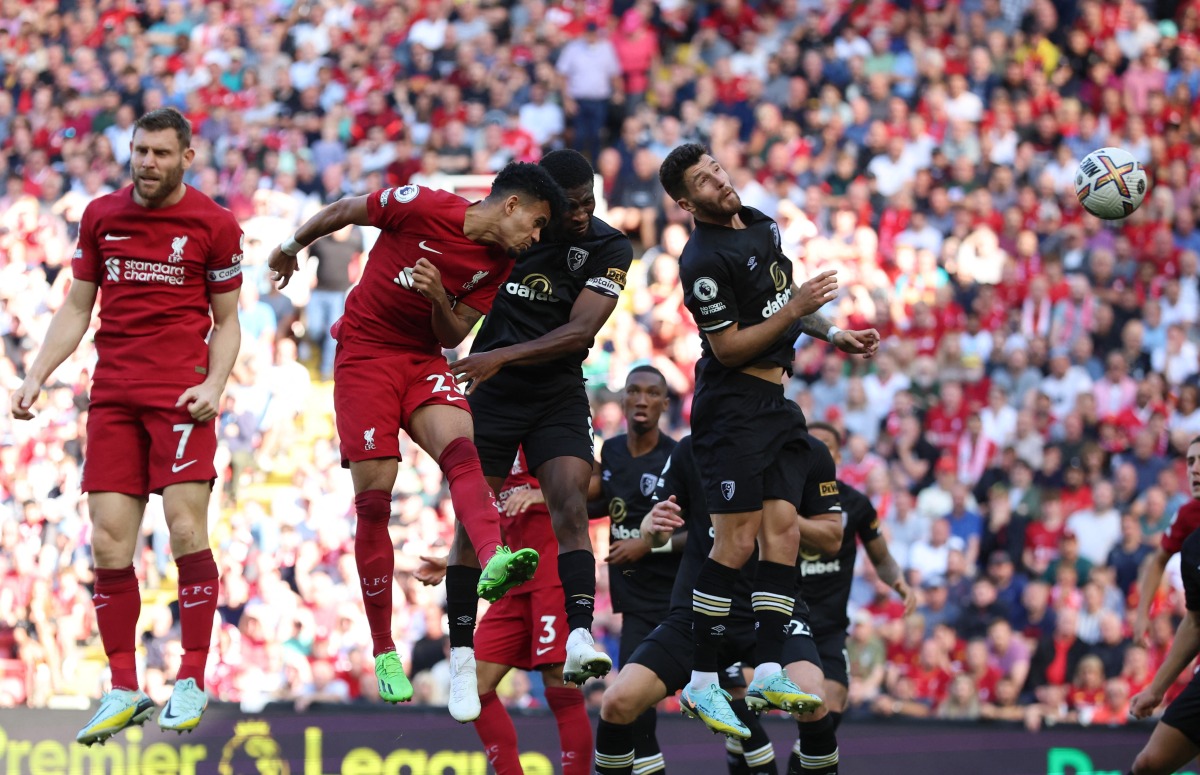 Liverpool's Luis Diaz scores their ninth goal during the EPL match against AFC Bournemouth at Anfield, Liverpool, on August 27, 2022.    REUTERS/Phil Noble