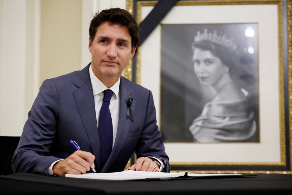 Canada's Prime Minister Justin Trudeau signs a book of condolences for Britain's Queen Elizabeth at Rideau Hall in Ottawa, Ontario, on September 9, 2022. REUTERS/Blair Gable