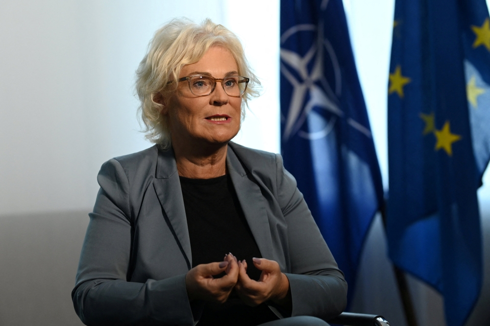 German Defence Minister Christine Lambrecht speaks during an interview with Reuters at the Federal Ministry of Defence in Berlin on September 14, 2022. REUTERS/Annegret Hilse