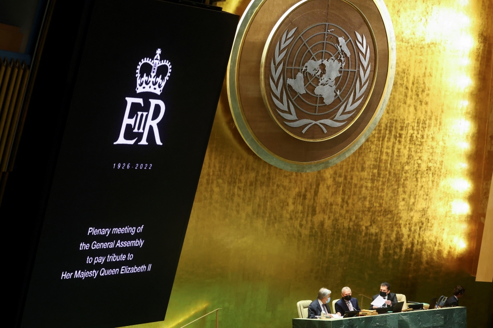 UN Secretary General Antonio Guterres and General Assembly President Csaba Korosi preside as the United Nations General Assembly meets during a special session to pay tribute to Britain's Queen Elizabeth II at UN headquarters in New York, US, on September 15, 2022. REUTERS/Mike Segar