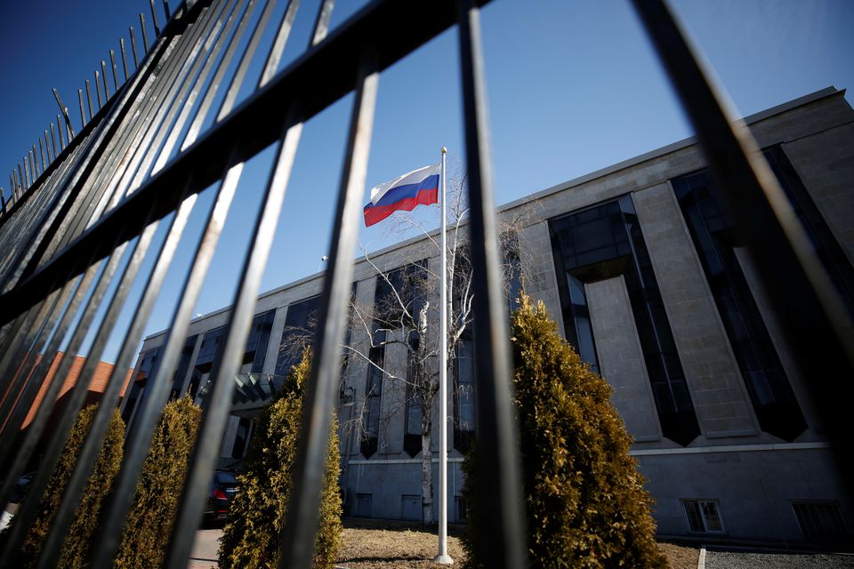 A flag is pictured outside the Russian embassy in Ottawa, Ontario, Canada, on March 26, 2018. File Photo / Reuters