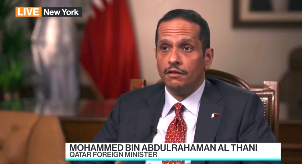 Deputy Prime Minister and Minister of Foreign Affairs H E Sheikh Mohammed bin Abdulrahman Al Thani during an interview with Bloomberg in New York .