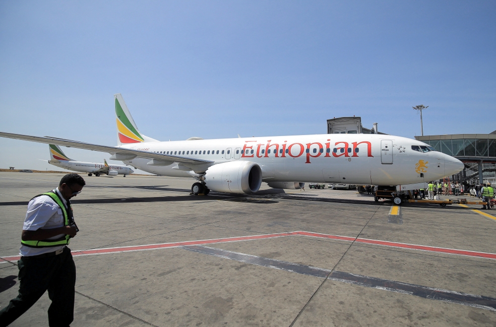 An Ethiopia’s Airlines Boeing 737 Max 8 plane to take off on a demonstration trip to resume flights from the Bole International Airport in Addis Ababa, Ethiopia, February 1, 2022. (REUTERS/Tiksa Negeri)