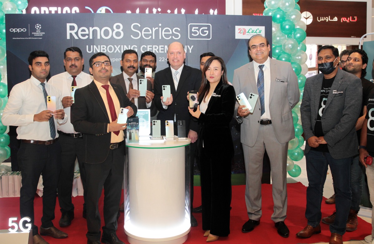 Meng Yuan, Qatar Country Manager, OPPO; Mohamed Anis, Division Manager, Prime Distribution Trading Company, a division of Ali Bin Ali Group, Authorised distributor for Oppo Mobile; with officials of Lulu Hypermarkets, Shiyas P P, Buying Manager; Krishna Kumar, D-Ring Branch Manager; and other senior officials during the ‘Unboxing Ceremony’ of Reno8 Series phones by Oppo at an event held at the D-Ring Road branch of Lulu. PIC: Salim Matramkot/The Peninsula