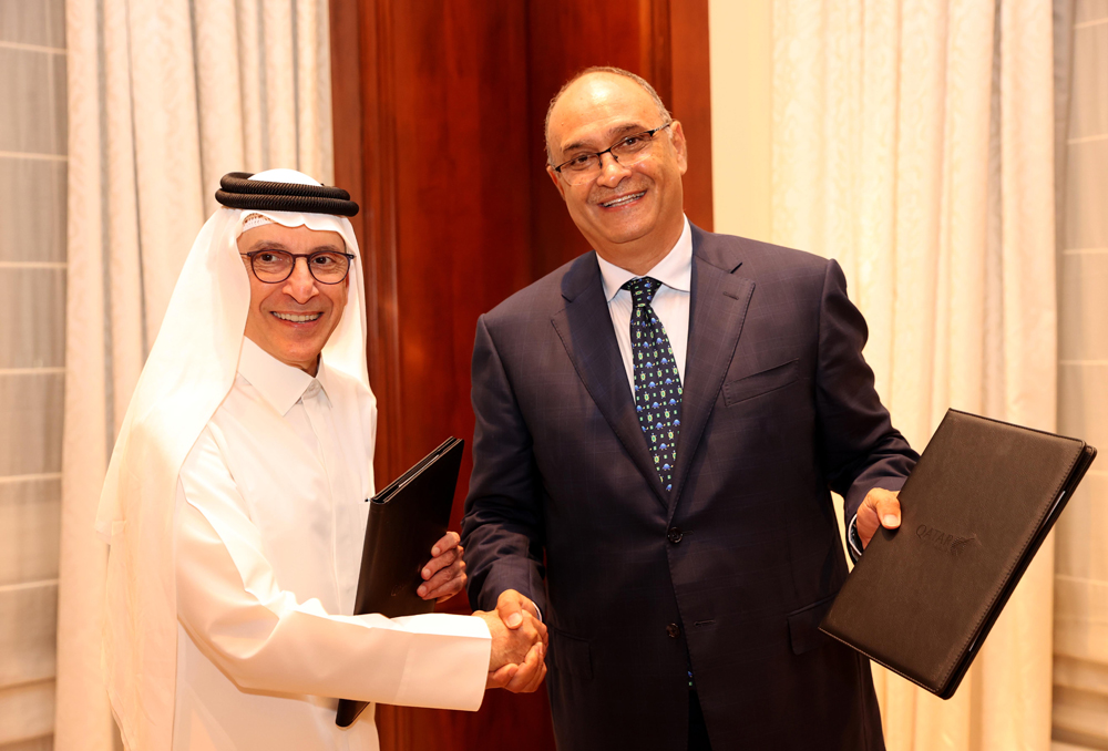 Chairman of Qatar Tourism and Qatar Airways Group Chief Executive H E Akbar Al Baker (left) and Ayla Oasis Development Managing Director Sahl Dudin during the signing of the agreement.