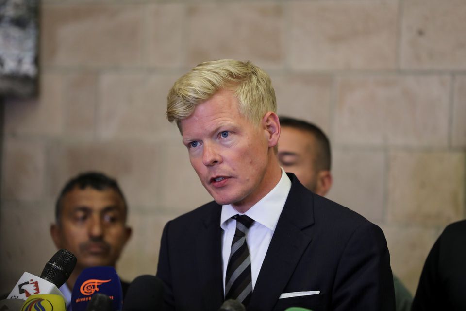 UN Special Envoy for Yemen Hans Grundberg speaks to reporters upon his arrival at the Sanaa International Airport, in Sanaa, Yemen, on June 8, 2022. File Photo / Reuters
