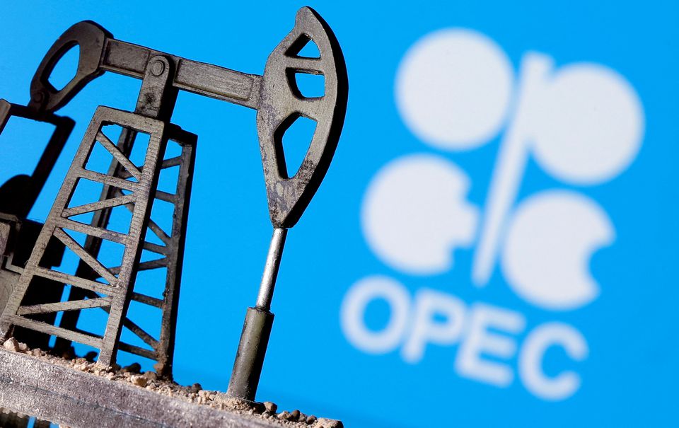 A 3D-printed oil pump jack is seen in front of displayed OPEC logo in this illustration picture, on April 14, 2020. File Photo /Reuters
