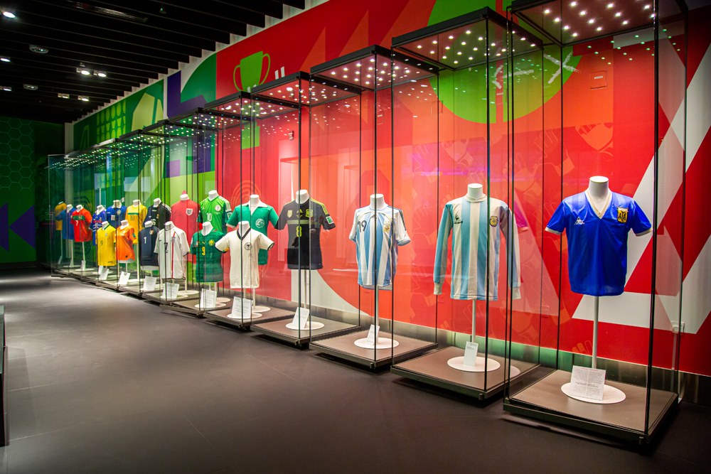 Jerseys on display at World of Football exhibition. The star of the exhibition is Maradona’s ‘Hand of God’ shirt (first right), among others featured is Beckham’s shirt (second to right).